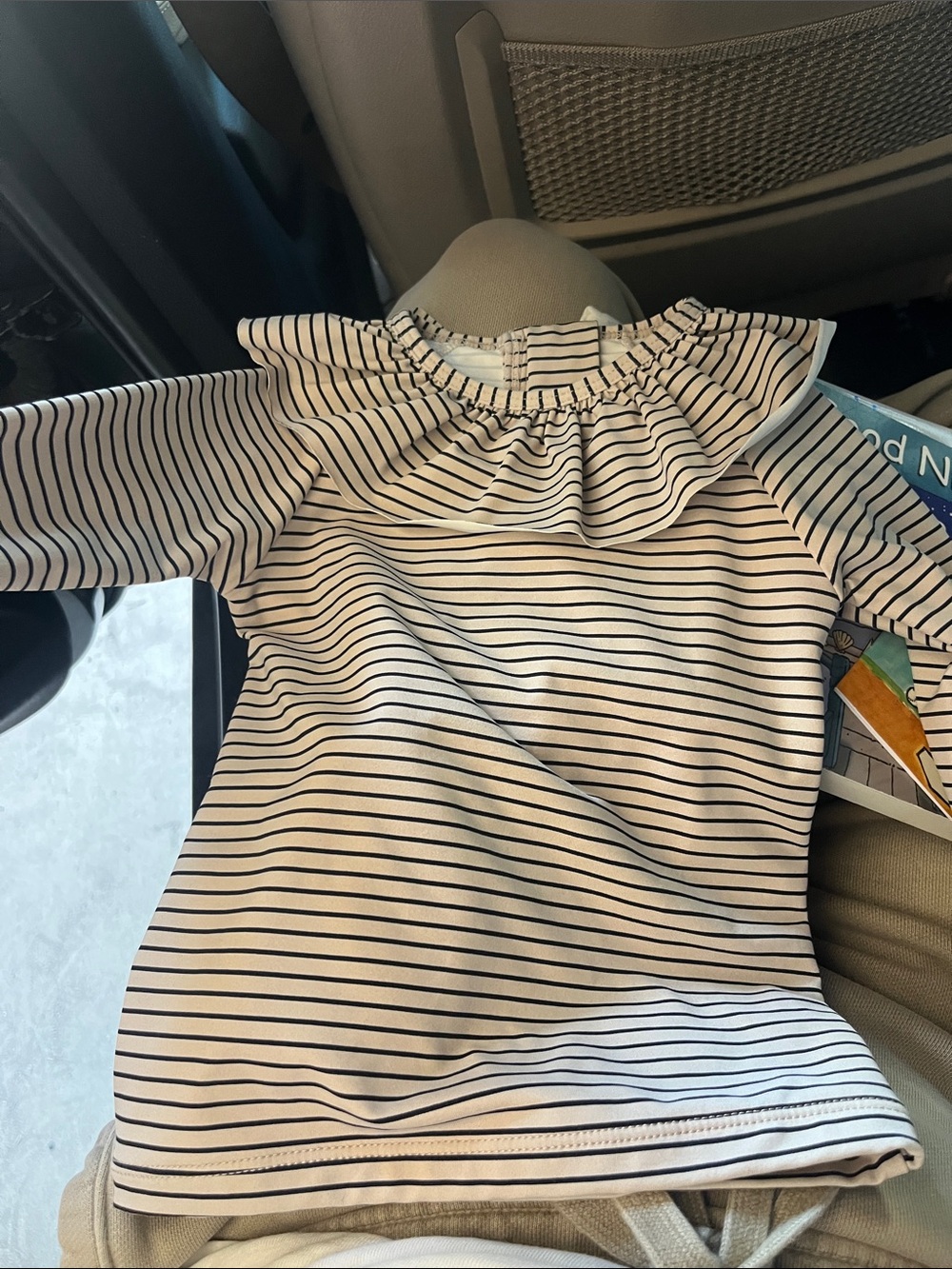 Girls' Striped Ruffle Neck Swim Rashguard - White & Black